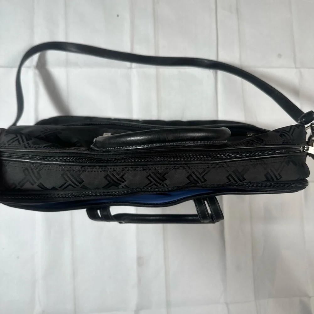 Tumi Black Monogram Laptop Briefcase With Leather Handles And Strap